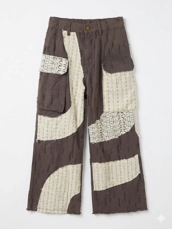 POL Patchwork Lace Cargo Pants Boho Cottagecore Brown Size S 100% Cotton - Picture 1 of 7
